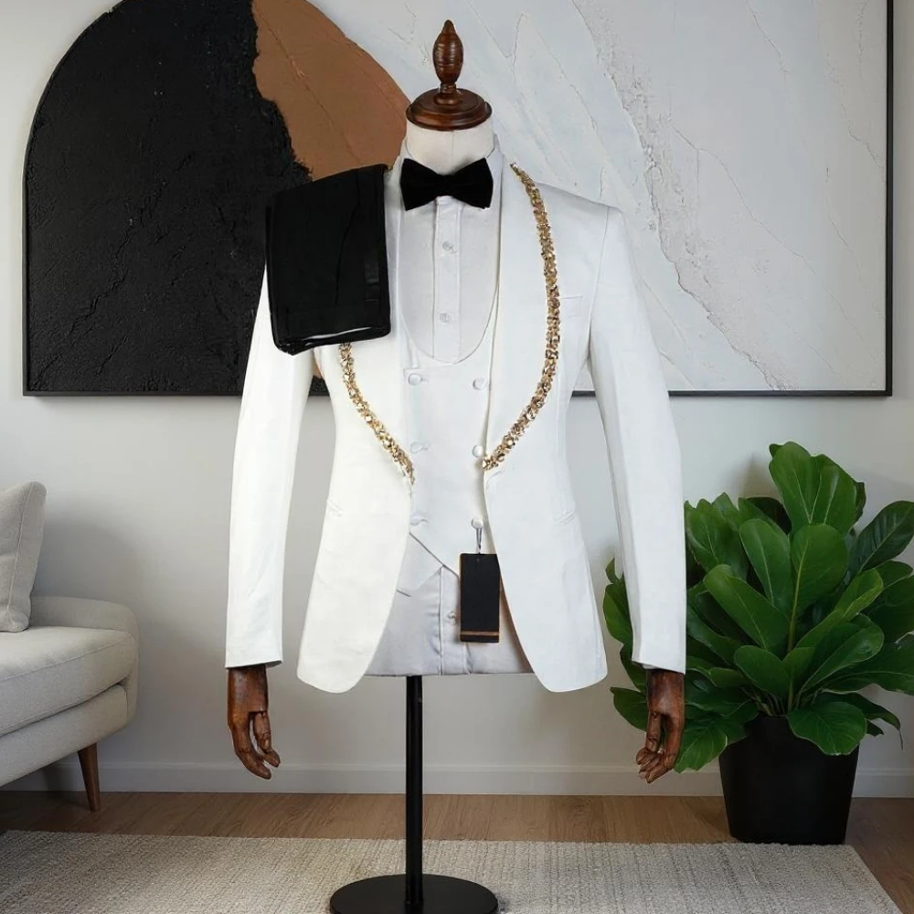 

Luxury Beaded Men Suits for Prom Party Slim Fit Wedding Tuxedo Best Man Fashion Style Suit 3 Pieces Set Blazers with Vest Pants