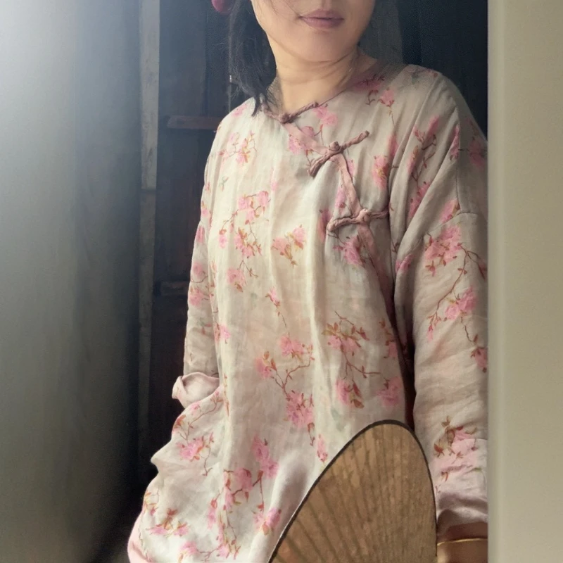

Slanted O Collar and Buckle Women's Floral Printed Ramie Shirt 2025 New Autumn Loose Zen Style Artistic Chinese Tea Suit Tops