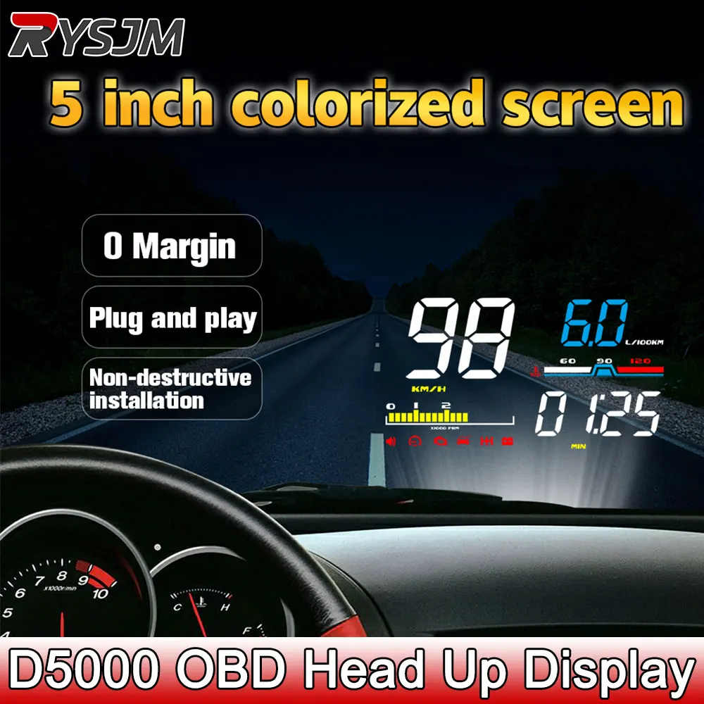 Car Head Up Display D5000 OBD2 Diagnostic Tool HUD Digital Security Alarm Speedometer Windshield Screen Projector Tachometer