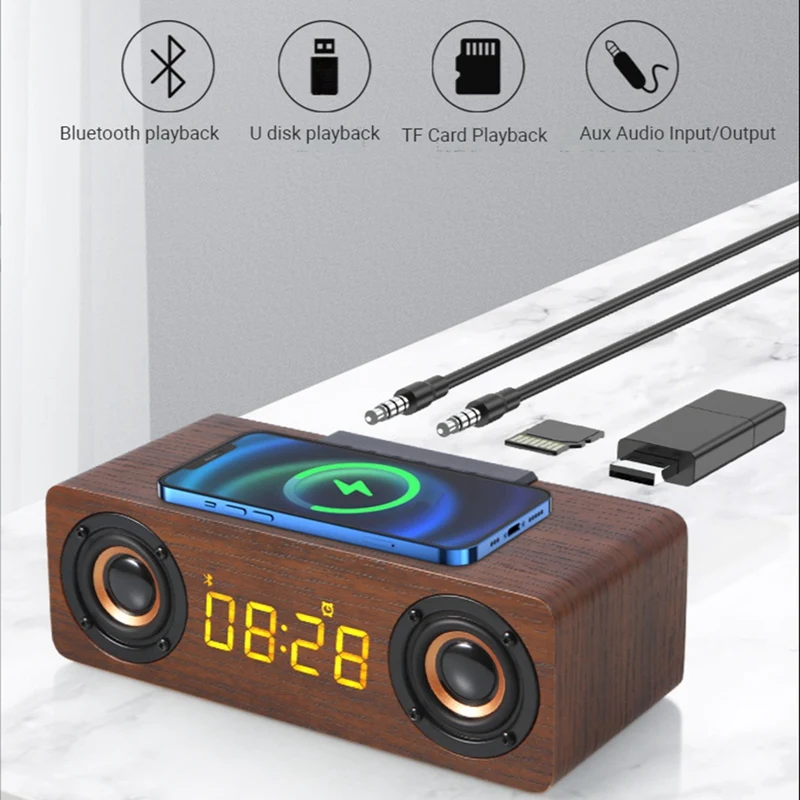 Fast Wireless Charger Wooden Wireless Bluetooth Speaker Alarm Clock 3D Stereo Boombox Soundbar