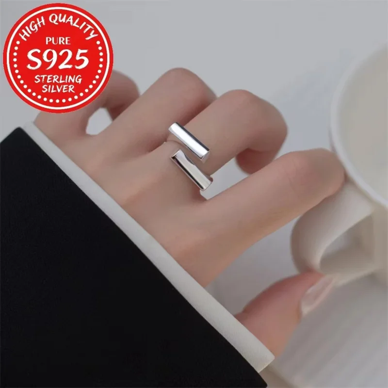 

925 Sterling Silver Geometric Interlocking Ring, Adjustable Open Square Korean Style Minimalist Stacking Ring for Women