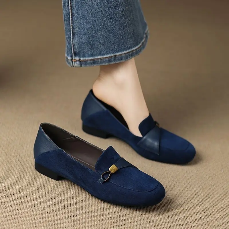 

Vintage Blue Suede Loafers Women Slip-On Low Heel Comfortable Versatile Office Work British Fashion Footwear