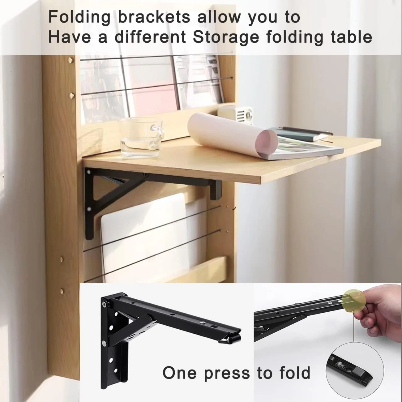 2Pcs Folding Shelf Bracket 90° Self-Locking Hinge Wall Mounted Floating Table Foldable Support