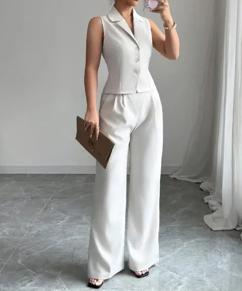

Vacation Style Button Vest Long Pants Two-Piece Set for Women's Clothing In Summer 2025