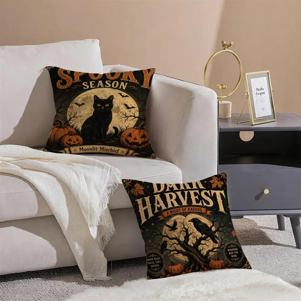 H-Halloween Vintage Poster Style Cushion Cover Pillowcase Short Plush Invisible zipper Room Sofa Cushion Cover
