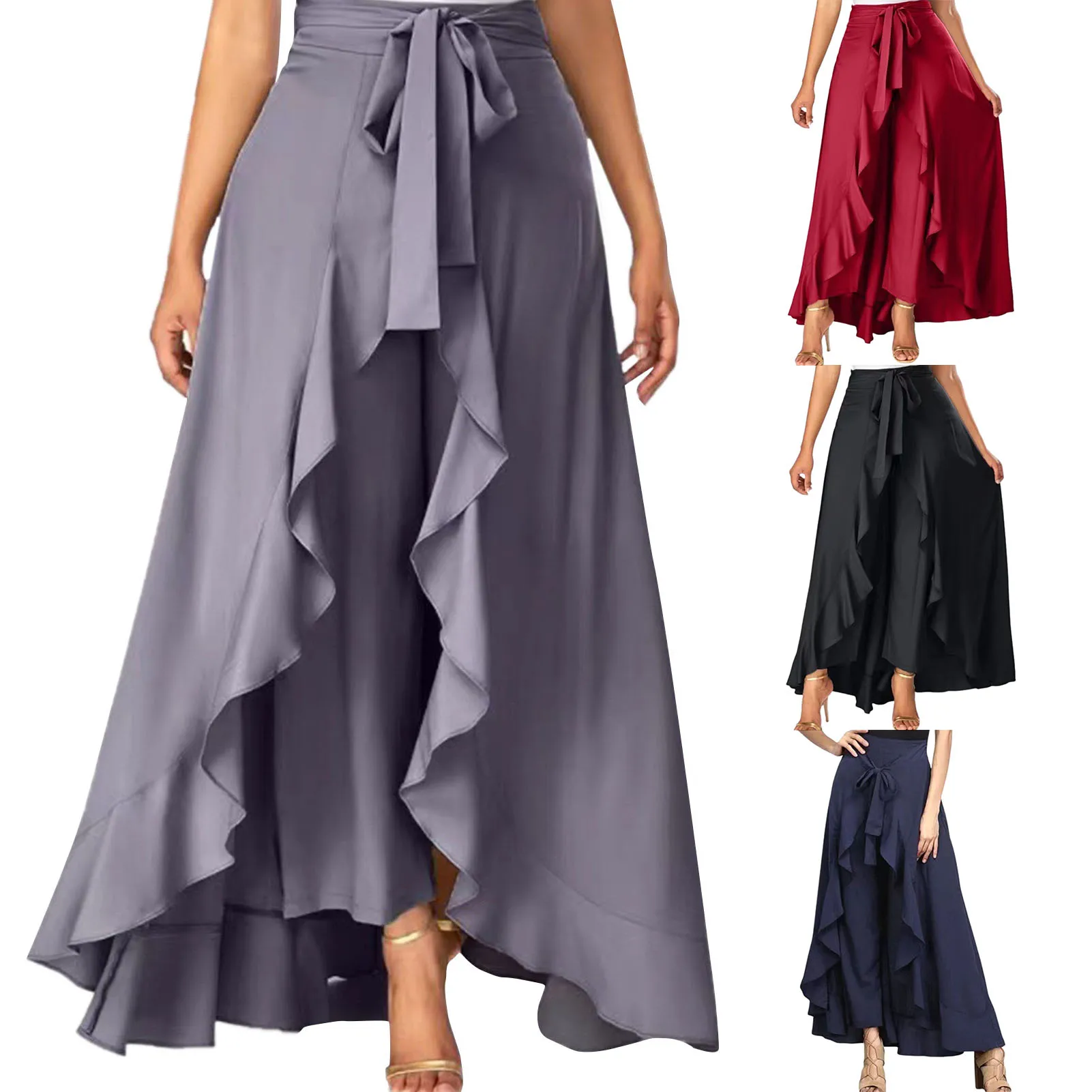 Women's Elegant Dress Pants Women's Fancy High Waist Lace Up Skirts Irregular Chiffon Ruffled Lace-Up Long Pants For Women