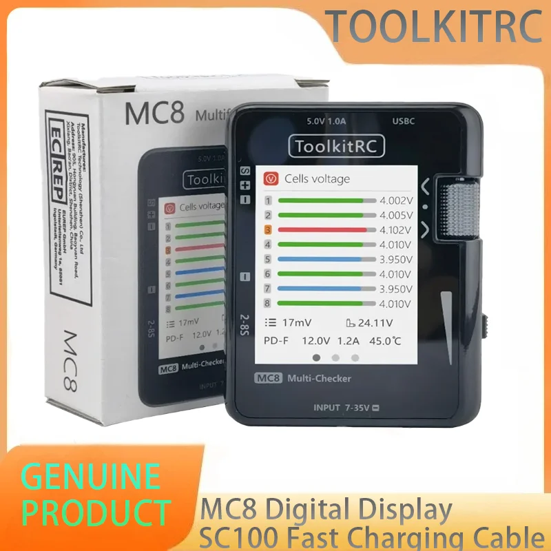 

ToolkitRC MC8 SC100 Mini Size Cell Checker 32 Bit Battery Multi-Checker PWM Output PPM SBUS Readout with USB-C Fast Charging