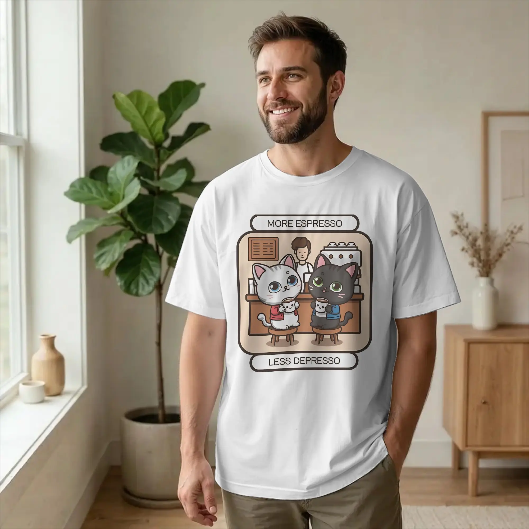 More Espresso Less Depresso Humor T Shirt 100% Cotton Leisure T-Shirts Round Collar  Tee Shirt Short Sleeve Clothing Gift Idea
