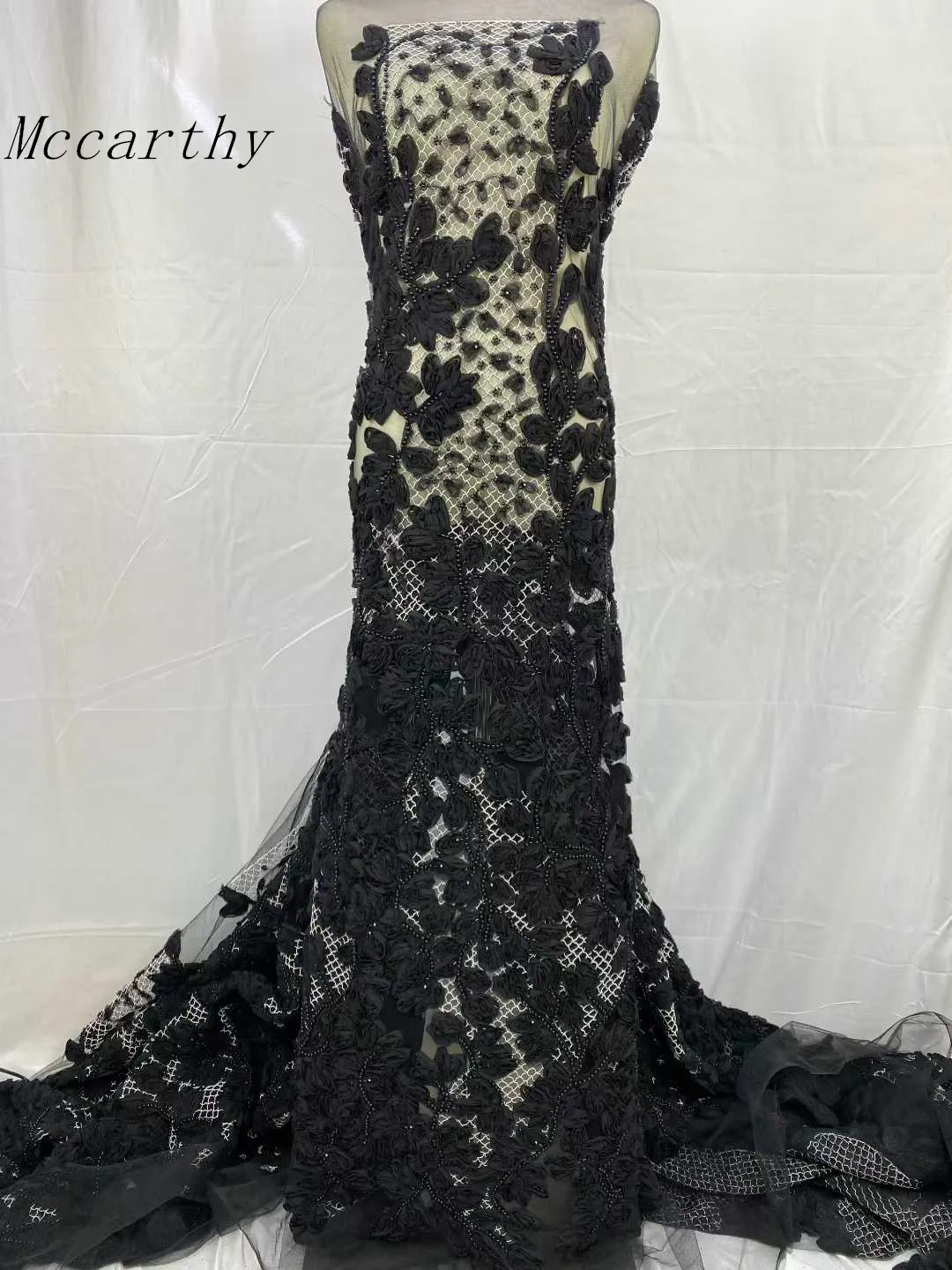 

Африканская кружевная ткань 2025 г., высокое качество, французский 3D цветок, черные блестки, вышивка бисером, тюль, кружевная ткань для праздничного платья, 5 ярдов