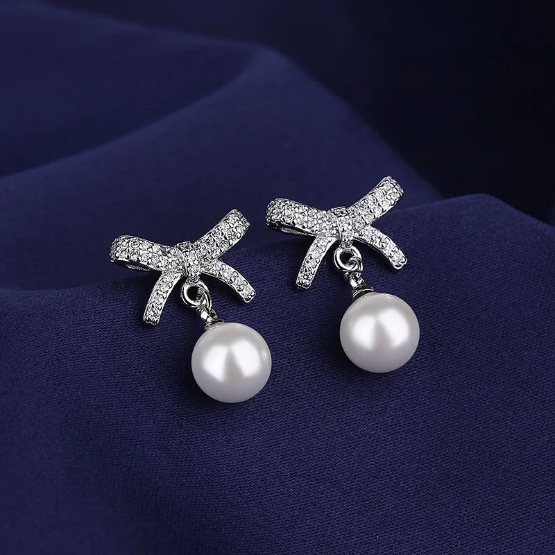 Women's New Fashion Cute Bowknot Drop Earrings Shiny Crystal Pearls Dangle Piercing Wedding Earring Stud Romantic Ear Jewelry image 4