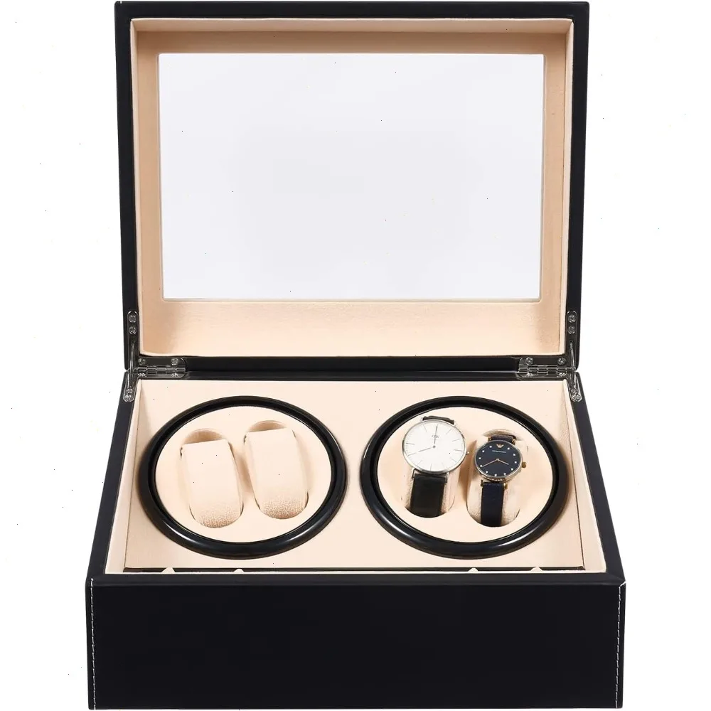 

SHZICMY Automatic Watch Winder Display Box, 4+6 Automatic Rotation Leather Wood Watch Winder Collector Display Box (Black)