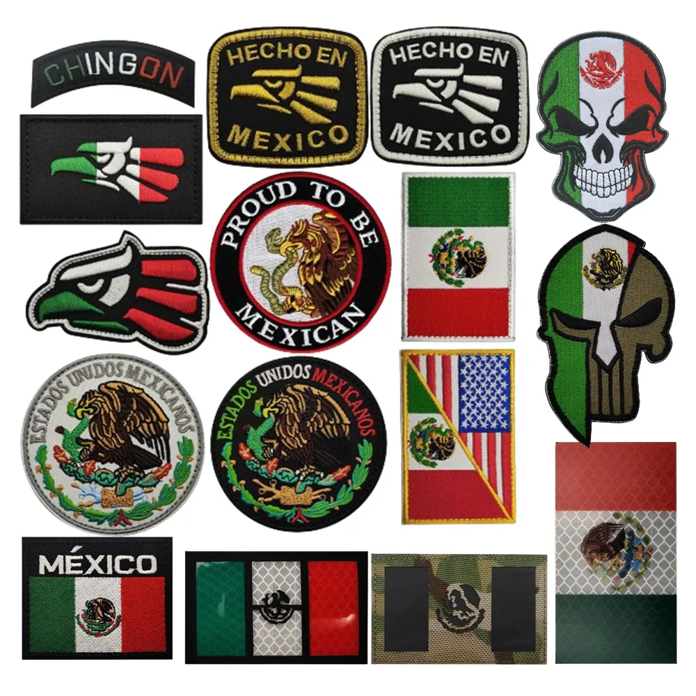 Mexico Flag Embroidered Patches IR Reflective Infrared Mexican Flags Tactical Emblem Skull Appliqued PVC Rubber Armband Badges