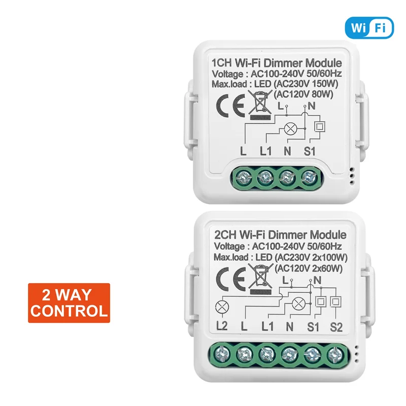 CS-Tuya Wifi Smart Dimmer Switch Module 10A Support 2 Way Control 2 Gang Compatible For Google Home Alexa Smart Life App Durable