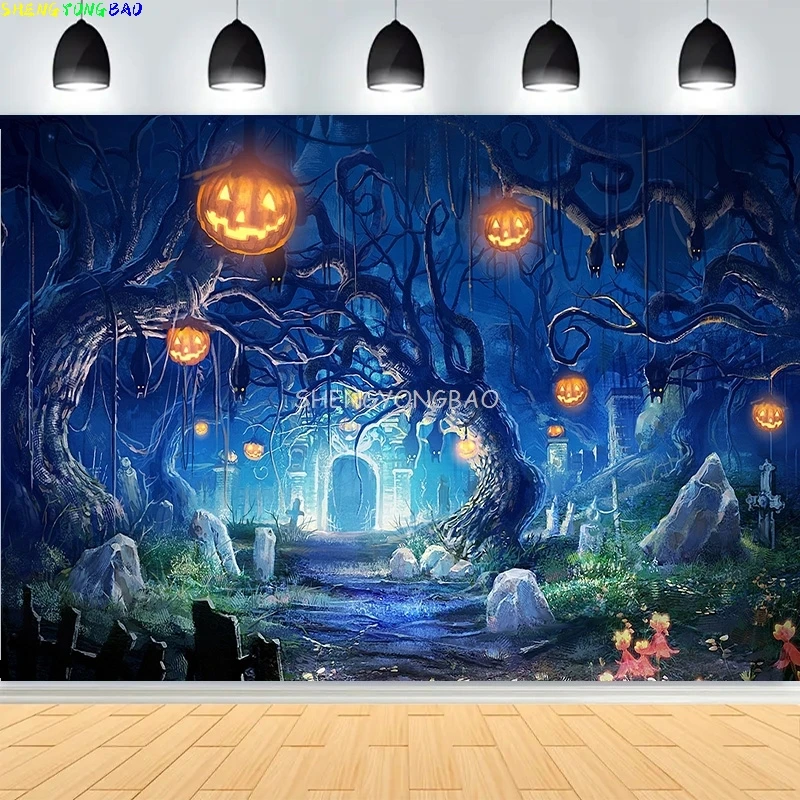 

Halloween Day Spooky Backdrop lanterns Cobwebs Creepy Vanity Filled Wicked Eerie Evil Scary Dark Night Forest Background XZ-03
