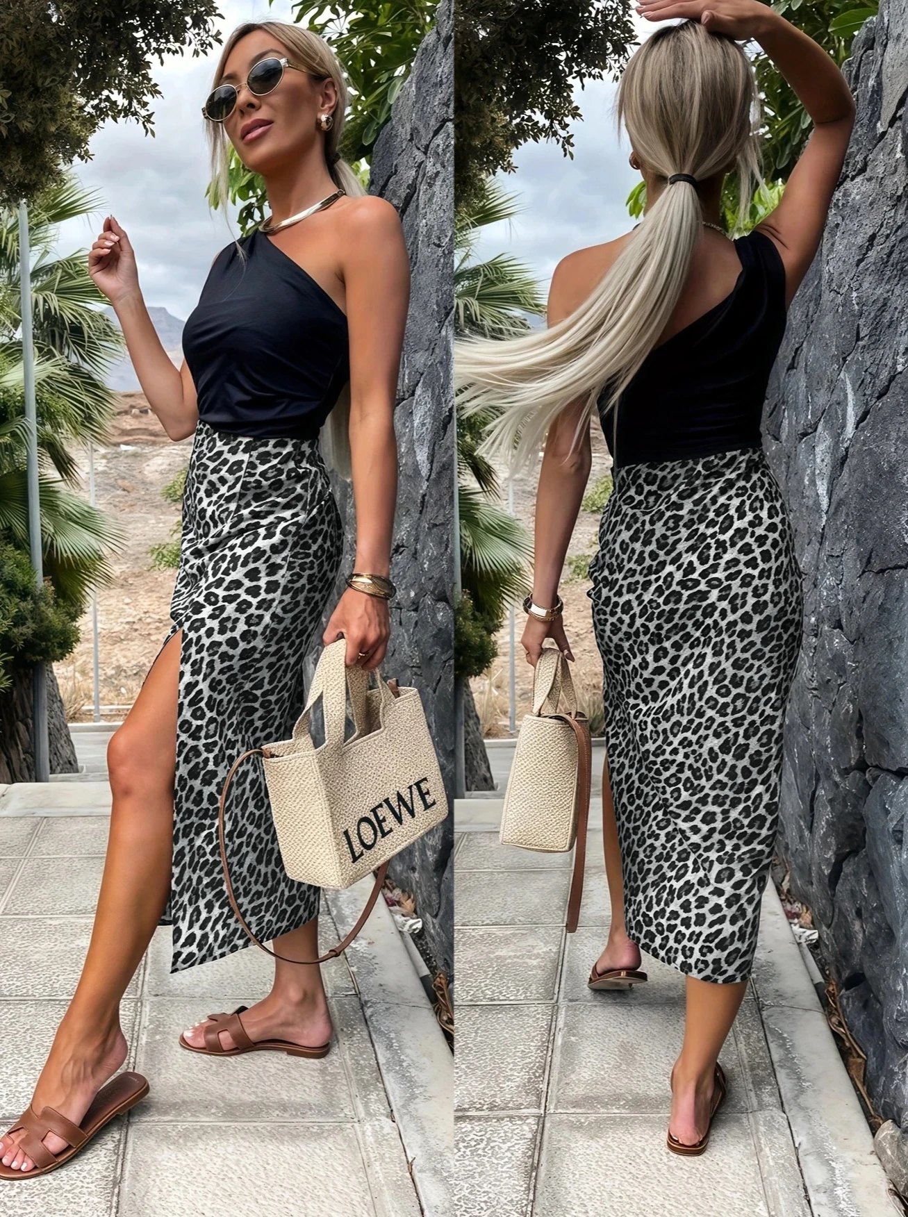 المرأة ليوبارد طباعة تنورة أنيقة عالية الشق تنحنح فستان حفلة الشاطئ تنورة مجسّمة أزياء السيدات مثير