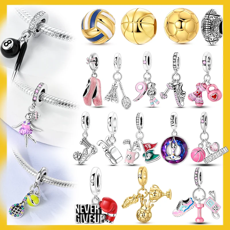 

925 Sterling Silver Charms Beads Golf Dumbbell Boxing Basketball Dangle For Women Girls Original Bracelet DIY Jewelry Gifts