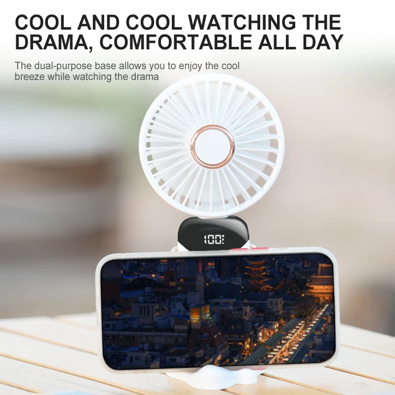 5 Speed Handheld Neck Fan with LED Display, 1200mAh Rechargeable, 90° Foldable Phone Stand, Portable USB Fan for Travel Home