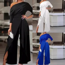 New 2024 Elegant Jumpsuits for Women Ruched Cold Shoulder Sexy Slit Wide Leg Jumpsuit Business Office Lady Solid Party Jumpsuit