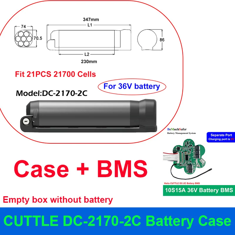 Mini butelka DC-2C DC-2170-2C obudowa baterii zmieścić 21 szt. 18650 21700 ogniw puste pudełko 10S 15A 36V BMS dla DIY baterii E-Bike