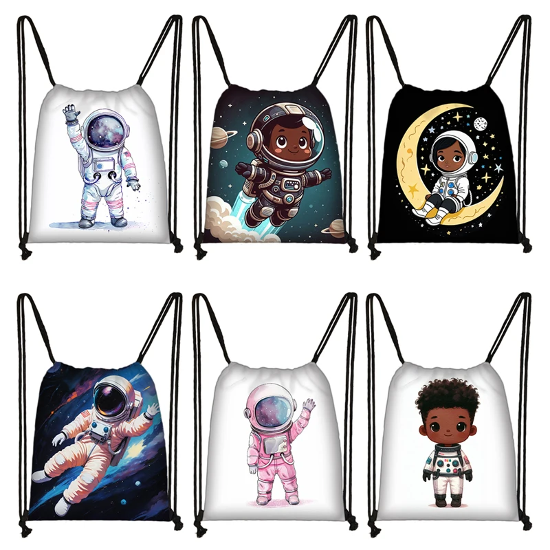 Cartoon Astronaut Backpacks Afro black Boys Girls Spacesuit Drawstring Bags Children Backpack Shoes Holder School Supplies Gift