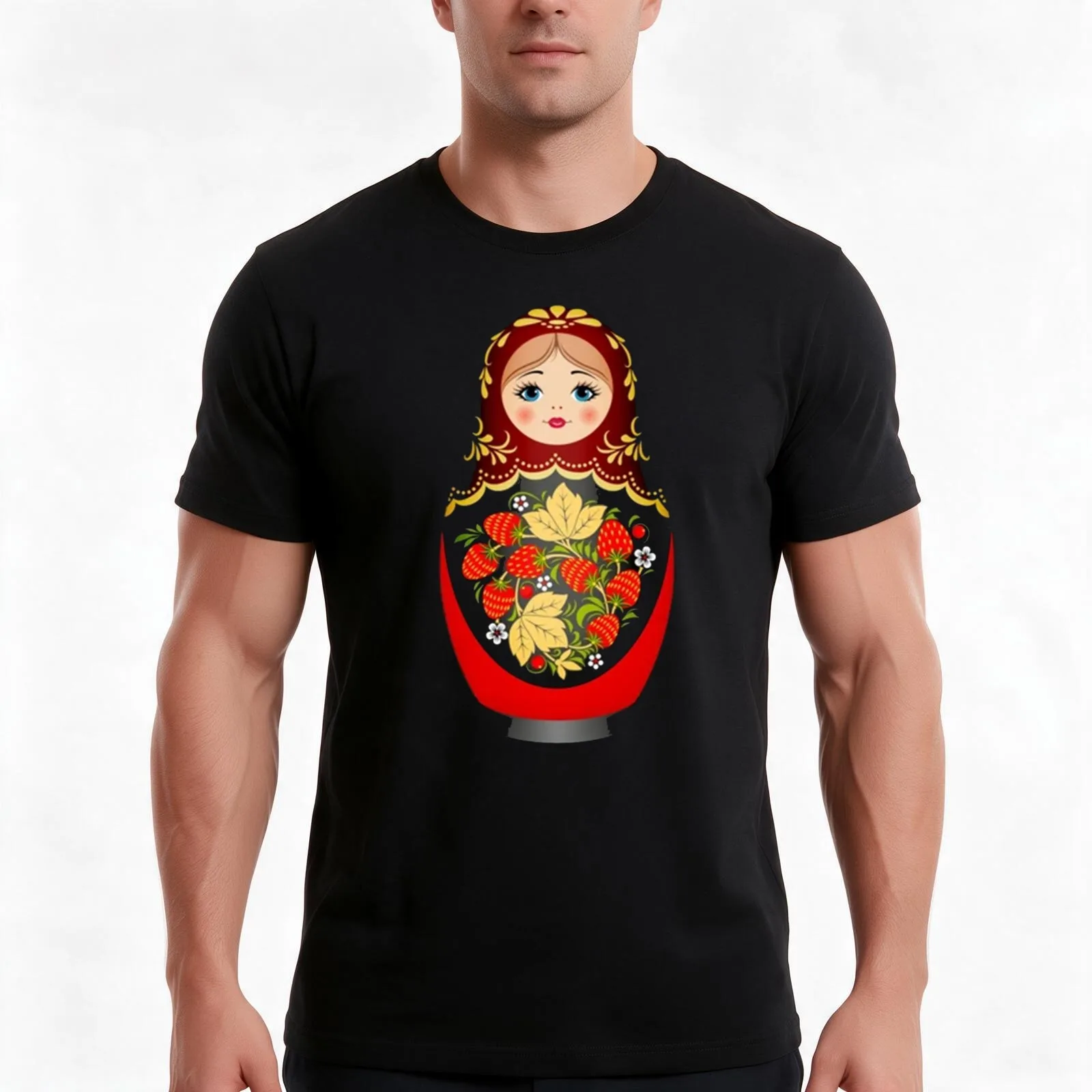 Beautiful Matryoshka Russian Nesting Doll Short-Sleeve Black , Russian Matryoshka, Matryoshka T-Shirt, Summer Casual Cotton Tee