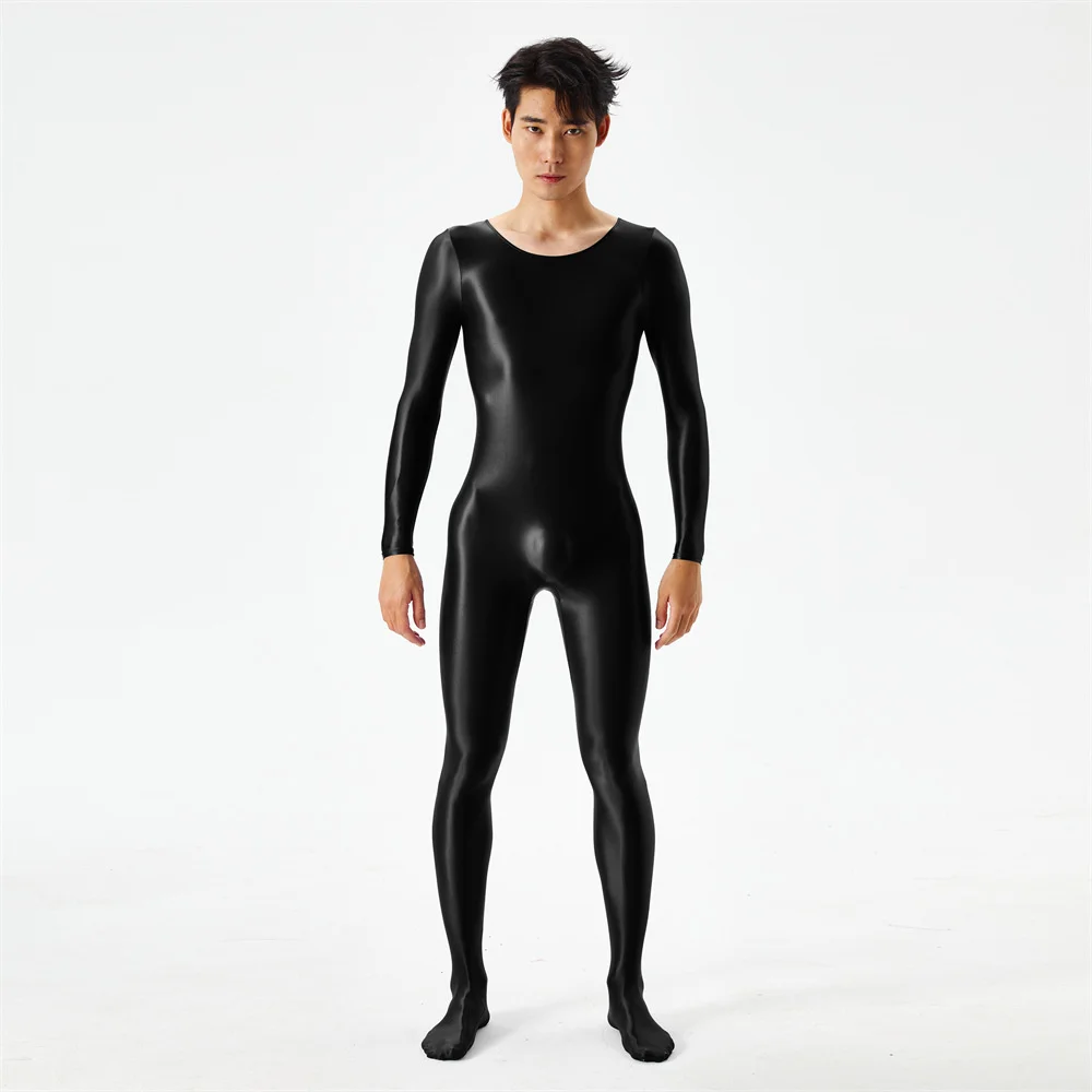 Mens Shiny Glossy Zentai Suit Lingerie Long Sleeve Bodystocking Sport Gym Fitness Bodysuit Jumpsuit Costume