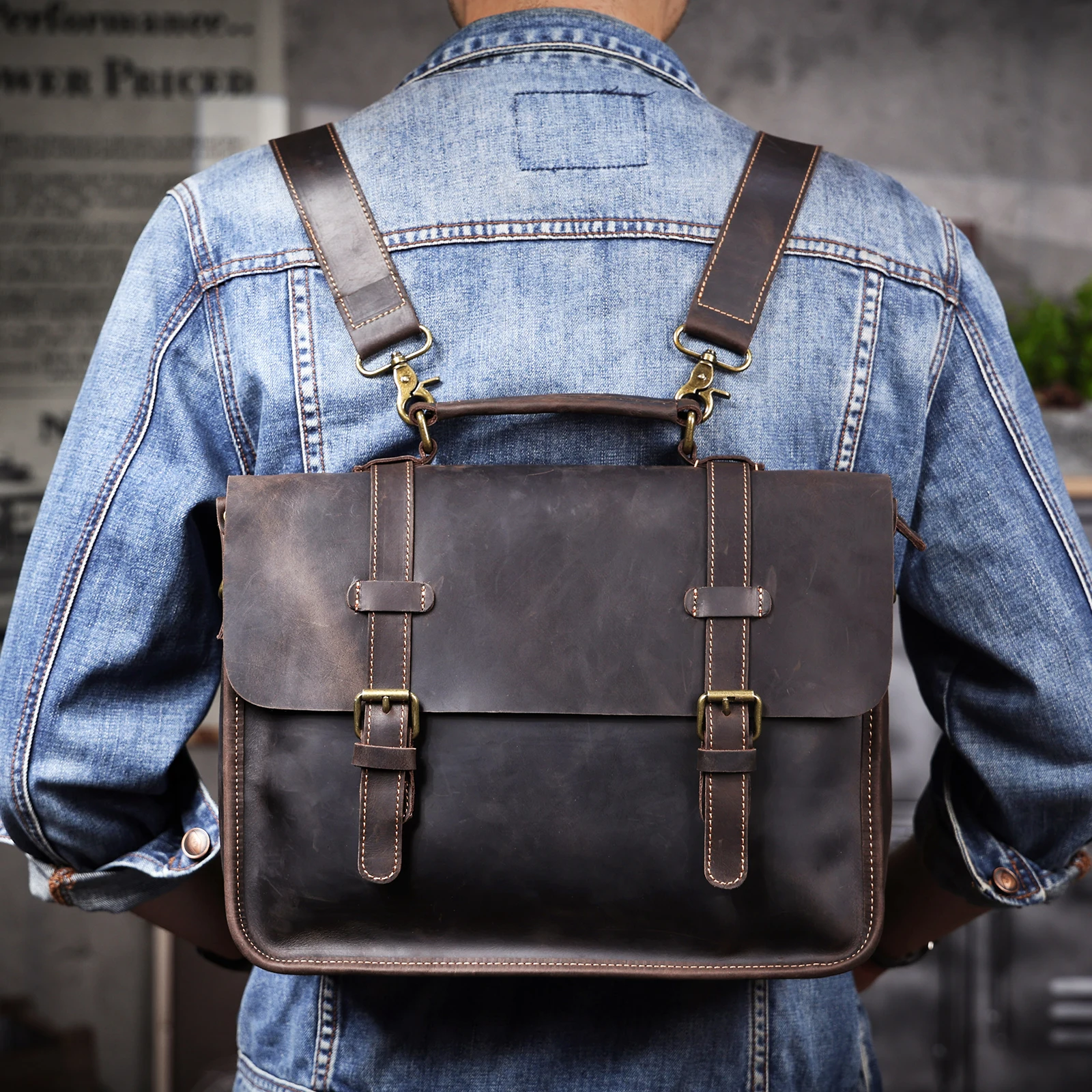 Vintage handgefertigte Aktentasche aus Crazy-Horse-Leder für Herren, echte Leder-Umhängetasche, Dual-Use-Laptop-Rucksack – Detail 7