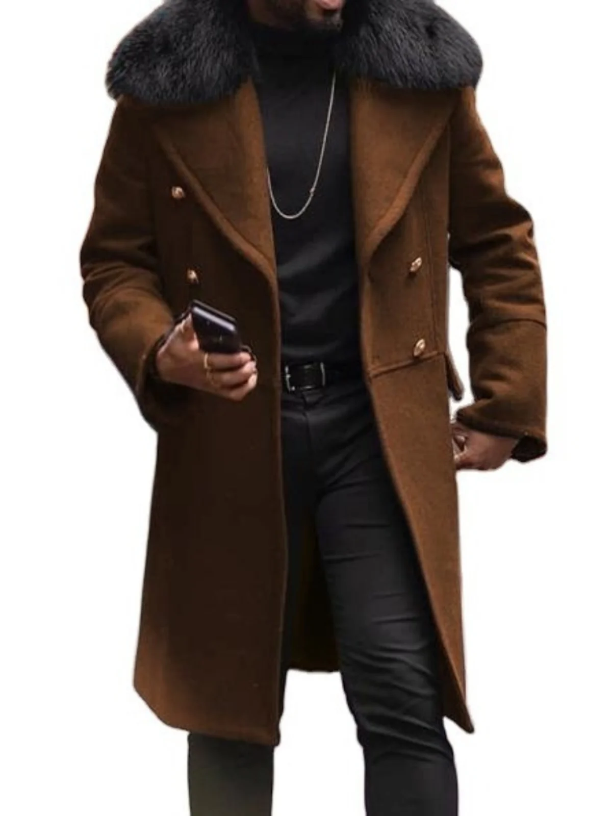 

Tailored Woolen Men's Coat Mid-Length Double-Breasted Pure Color Slim Fit Winter Faion Busin Casual Sle Straight Hem