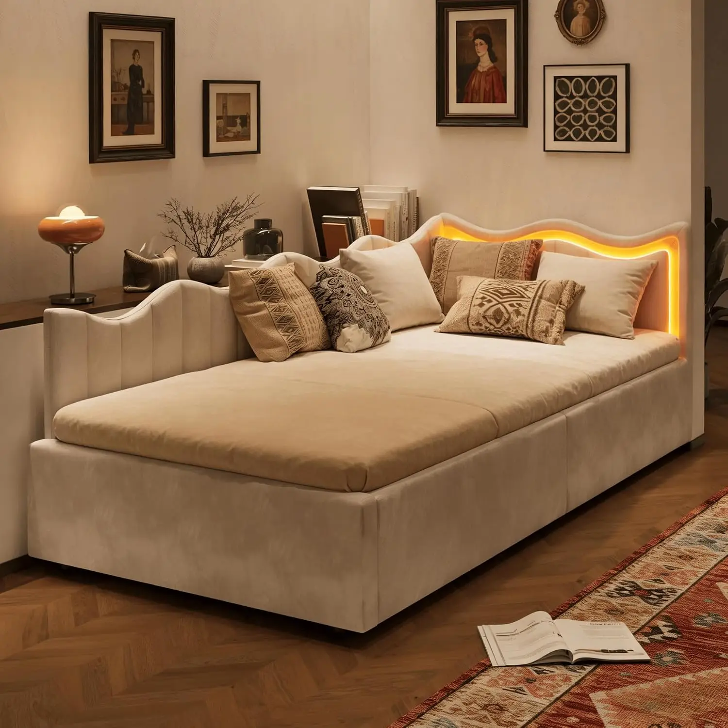 Einzelbett, gepolstert, 90 x 200 cm, Schlafsofa mit hydraulischem Stauraum, Tagesbett mit LED-Beleuchtung, Gästebett, Jugendbett mit Lattenrost, Leinen, ohne Matratze (Beige-Weiß, 90 x 200 cm)
