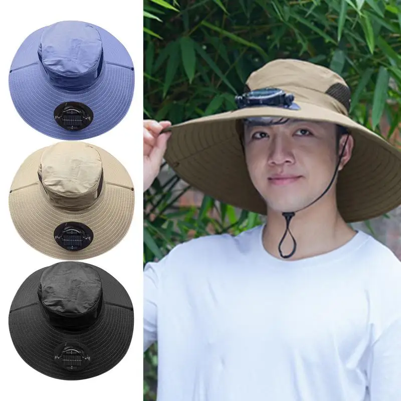 

Summer Outdoor Men Large Brim Sun Hat Sunscreen Hiking Fishing Cap Solar-powered Rechargeable Large Wind Fan Fisherman Hat