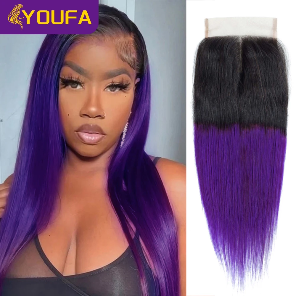 Ombre Purple 4x4 Lace Closures For Black Women 100% Straight Human Hair Closure 2 Tone Ombre 1B Blue Burg Color Lace Closures