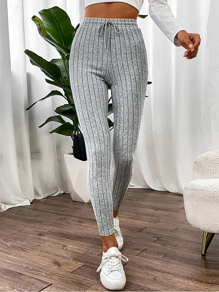 Casual Solid Color Drawstring Stripe Women Leggings Autumn Elastic Slim-fitting Sports Legging Grey Daily Woman Fashion Clothing