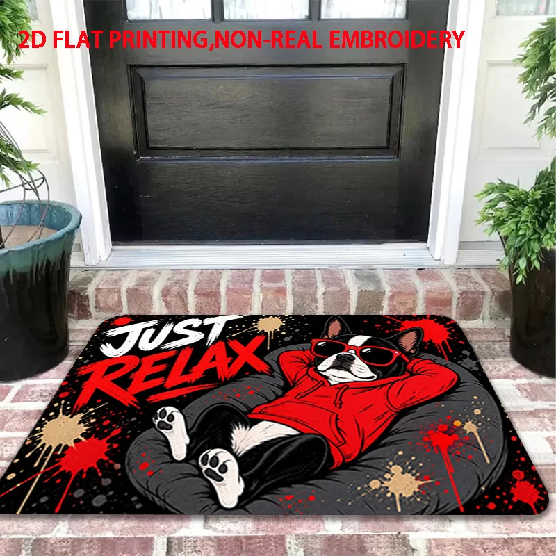 VIKAMA Just Relax Boston Terrier Doormat Cool Dog Graffiti Splash‑Ink Print Non‑Slip Washable Entrance Mat Home Decor Floor Rug