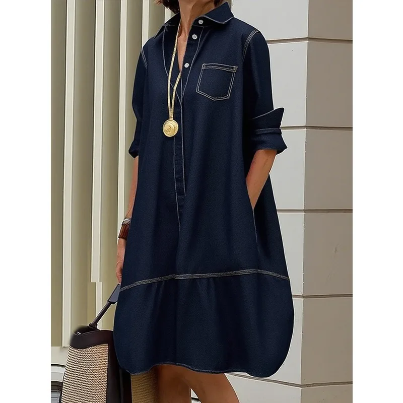 Women's Fashion Contrast Color Lapel Shirt Dress 2026 New Long Sleeves Loose Buttoned Pockets Urban Casual Office Midi Dresses