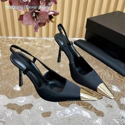 Surkova Silk Metal Pointed Toe Slingbacks Pumps Elegant Women Super High Thin Heels Slip On Stilettos Fashion Show Party Sandały