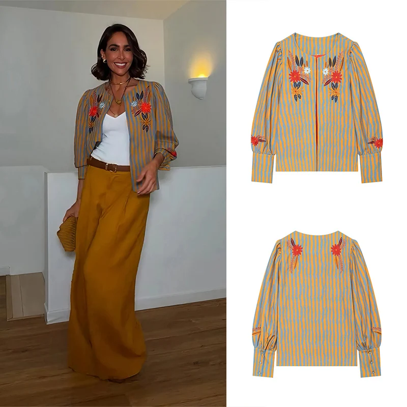 Guobioziy Women's Striped Floral Embroidered Jacket 2026 Spring＆Autumn New Edition Multi-Color Design European＆American Casual