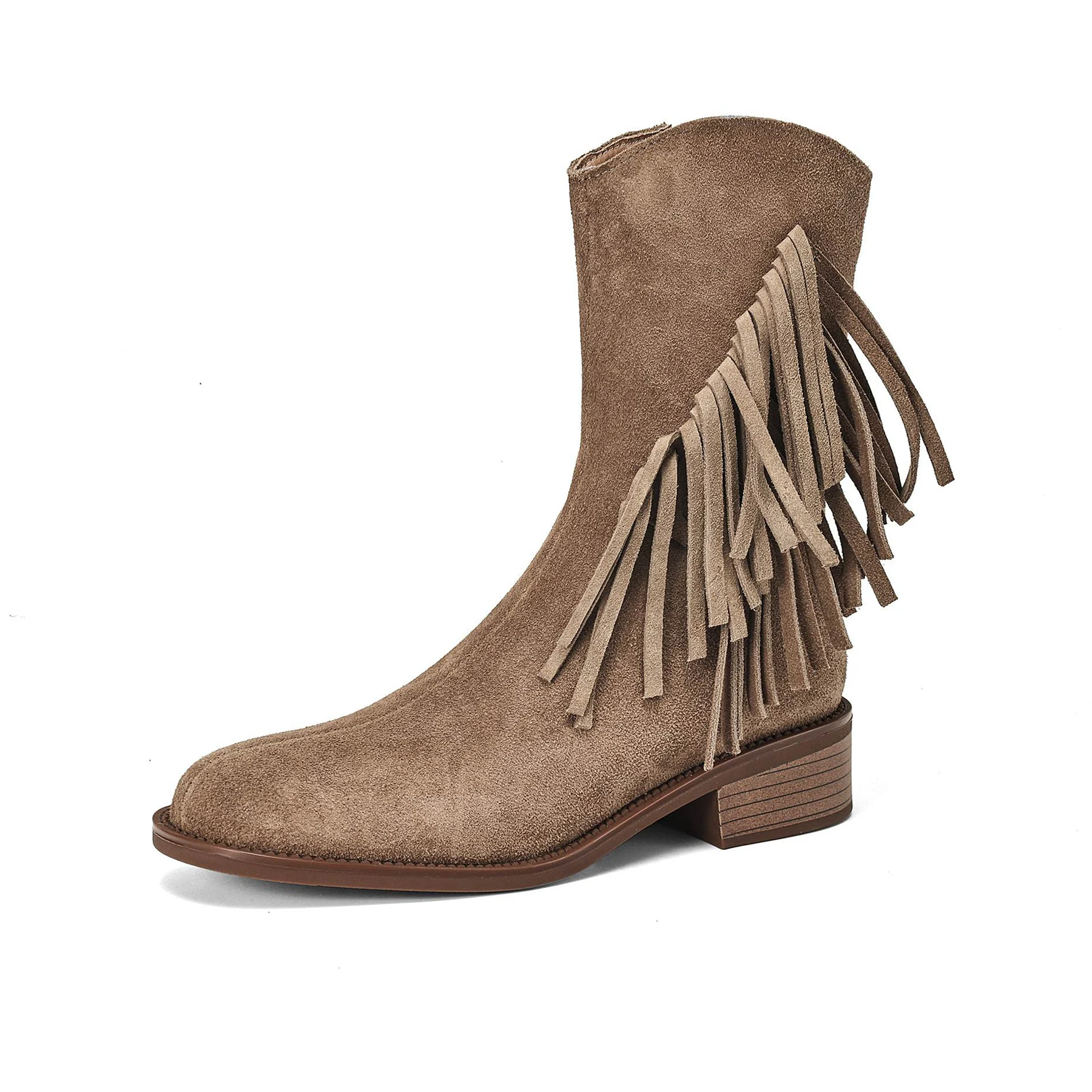 Krazing Pot Plus Size 34-42 tacchi medi in pelle scamosciata di mucca stivali da moto moderni scarpe invernali con frange Runway punta tonda