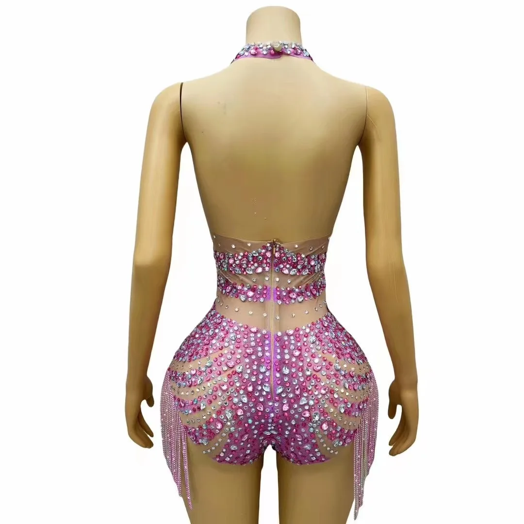 Sexy Flashing Pink Rhinestones Crystals Chains Fringes Leotard Evening Birthday Backless Bodysuit Club Dance Photoshoot Outfit