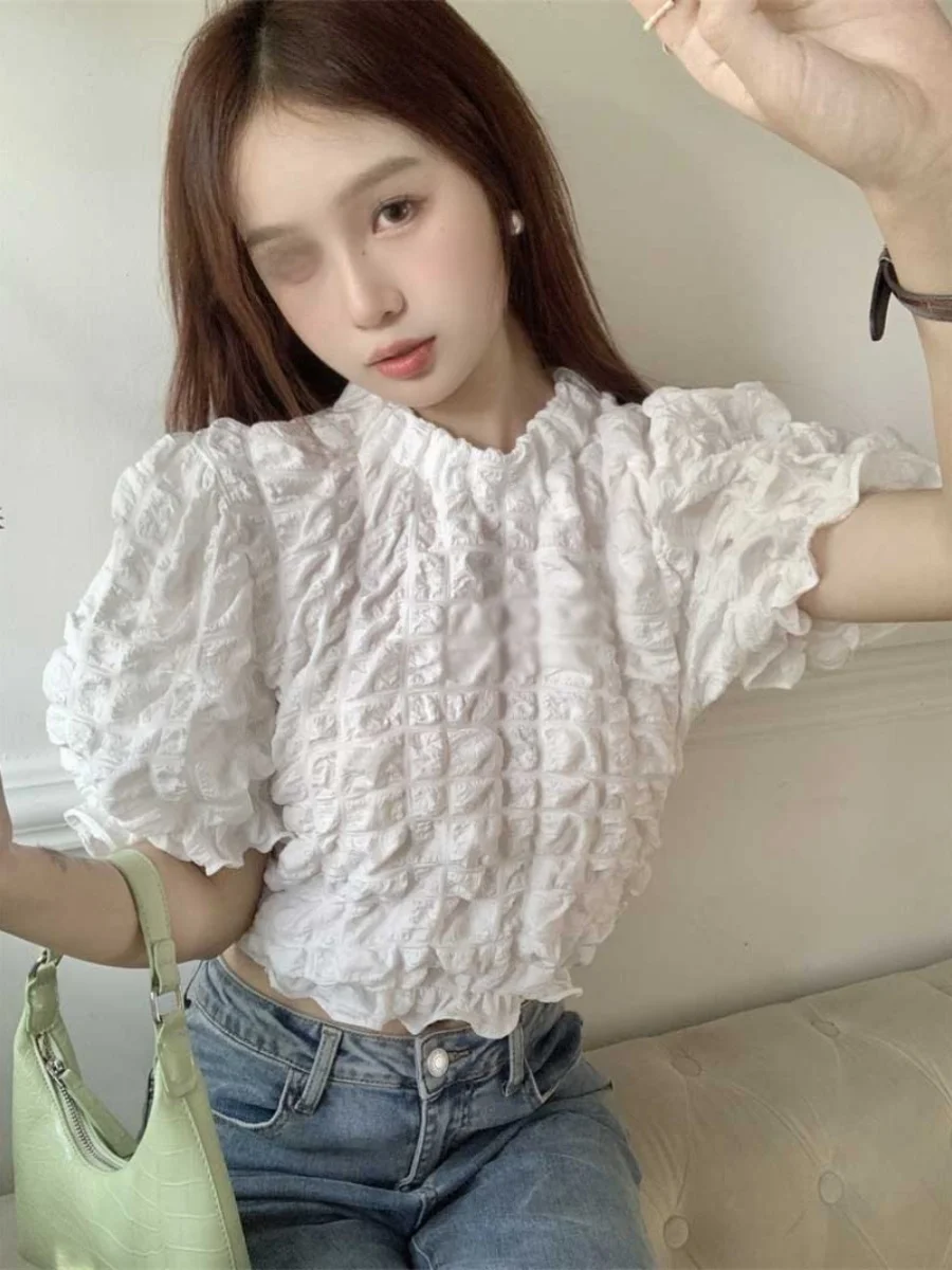 Modny Teksturowany Top Damski z Wysokim Stanem, Letni Top typu Bubble, Dopasowany Krój, Idealny do Dojazdów do Pracy