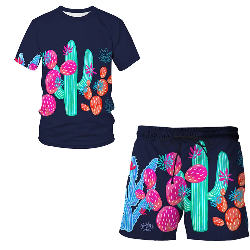 Conjunto de camiseta y pantalones cortos con estampado 3D de plantas y animales coloridos para hombre, chándal de manga corta con cuello redondo, traje de verano