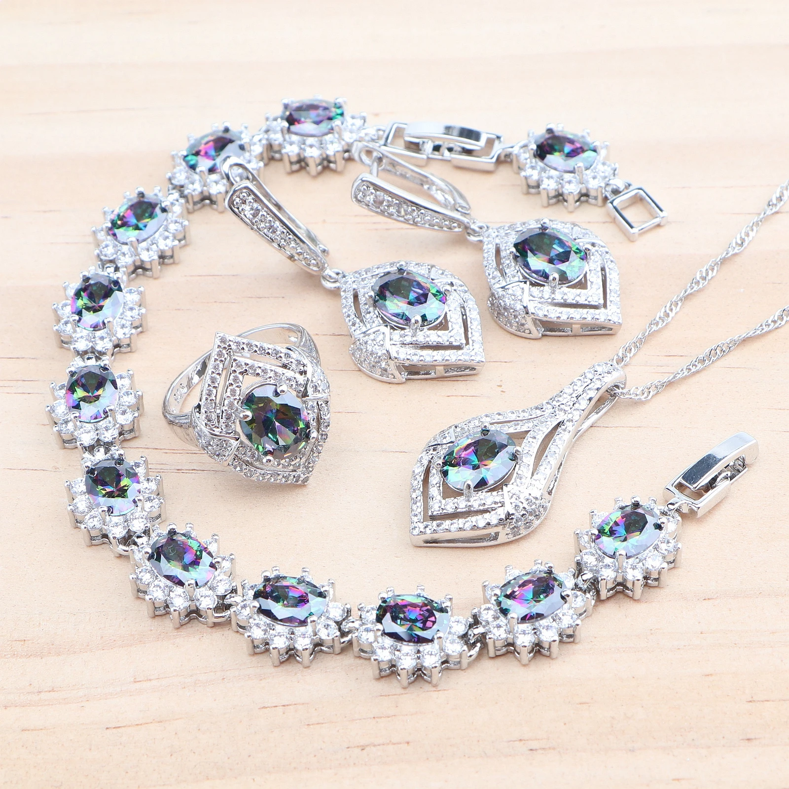 

Bridal 925 Silver Jewelry Sets Wedding Magic Rainbow Zircon Earrings Bracelets For Women Rings Pendant Necklace Set