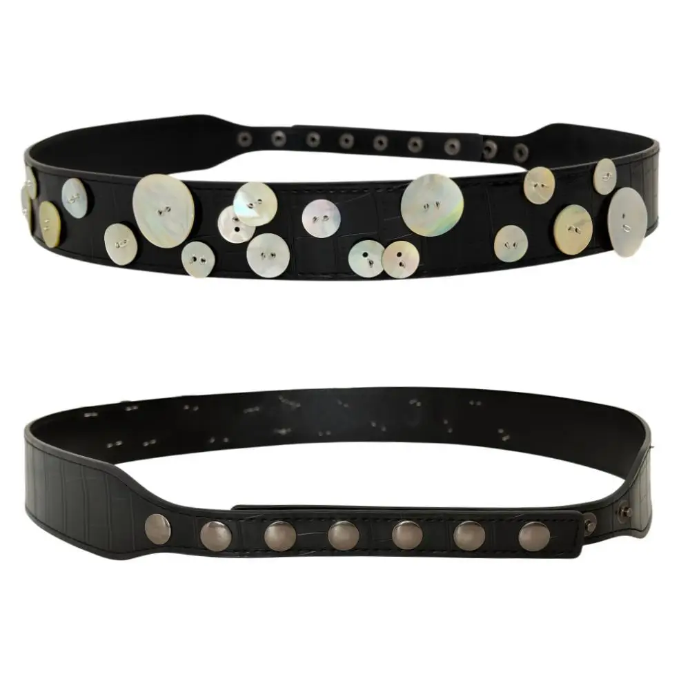 Women Vintage Mother Pearl Shell Button Decoration Belt Retro Crocodile Pattern Leather Waistband Y2K Boho Streetwear Waist Belt