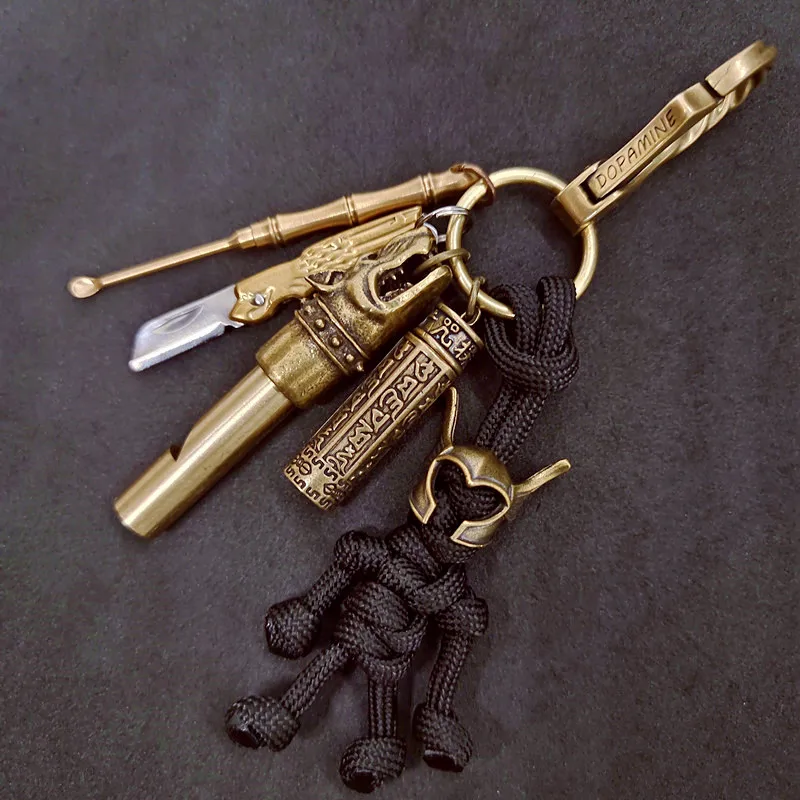 Brass Retro Keychain Portable Mini Tools Whistle Mini knives Rope knot Urn Small spoon Pendant Key Ring DIY Accessories Gift 1PC