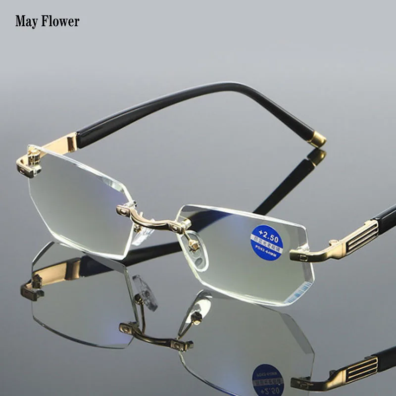 May Flower New Rimless Doimand Cut Reading Glasses Men's Anti Blue Light Old Glasses Bussiness Style