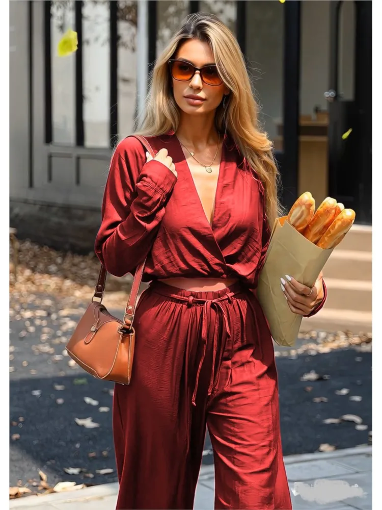 

Spring Summer New Women Sets Fashion Casual Long Sleeve V-neck Short Top Lace-up Trousers Office Commuter Lady 2-Piece Outfit