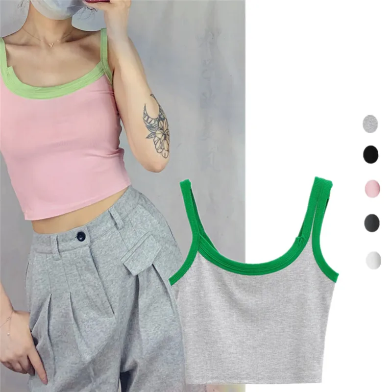 섹시한 슬리밍 크로스 숄더 베스트 하이웨이스트 유니크 컬러 블록 이너웨어 스트리트 스타일 숏 기장 바디콘 탑