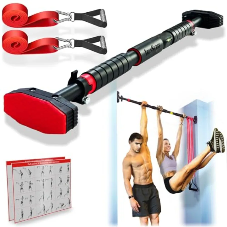 Pull Up Bar for Hallway or Doorway: Steel, Black, No-Screw Installation, 680lbs Capacity, 27-37/37-47/46-53 Width Options, Incl