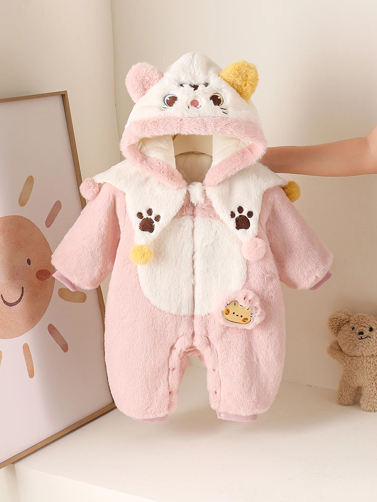 

Thiened Winter Outfit for Baby Girls Cartoon Print Fce Lined Jumpsuit Coat Sle Korean Version Commute Faion