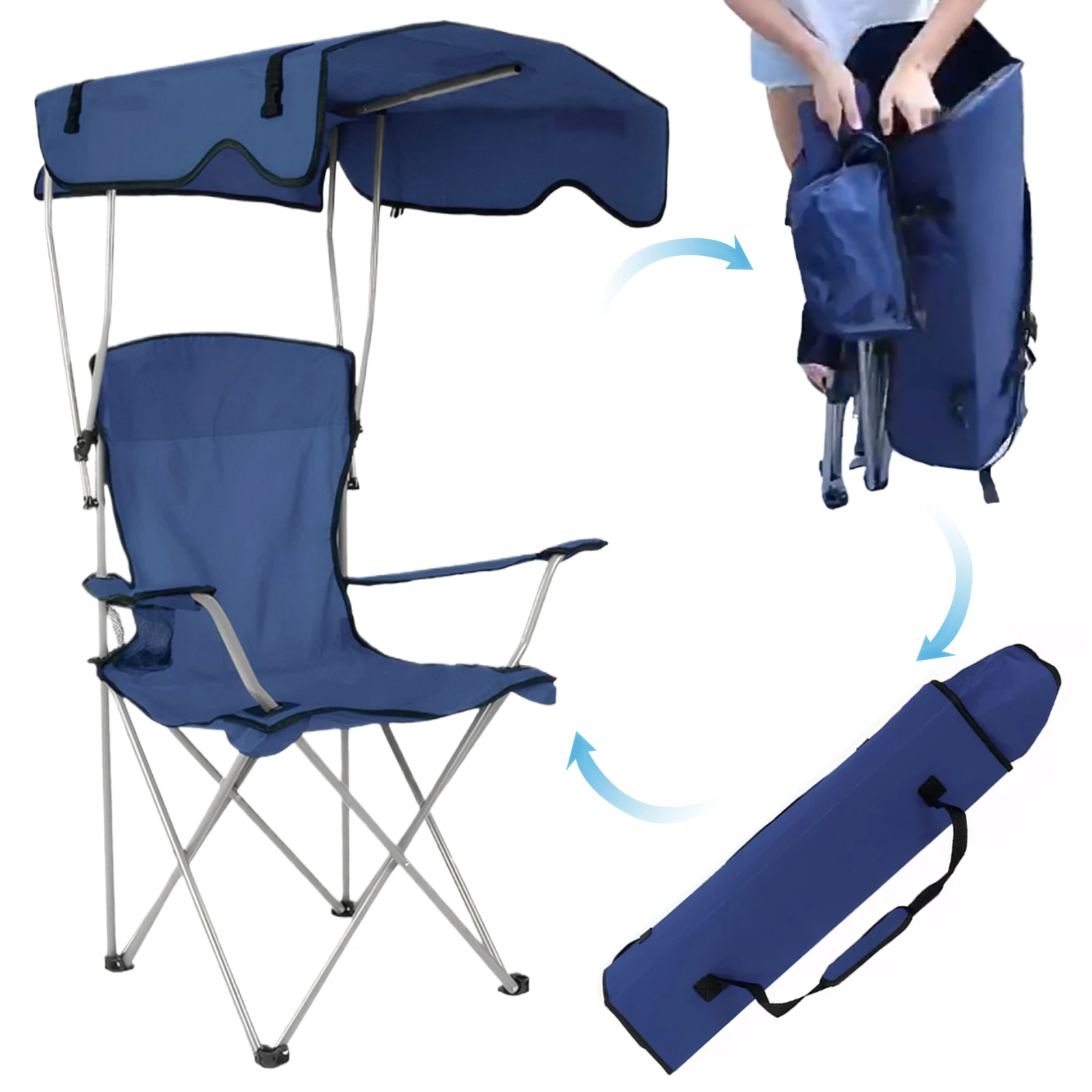 

Открытый одиночный стул с потолком и подстаканником, большой стул для кемпинга, лужайки, защита от солнца, складной стул для рыбалки для путешествий у бассейна