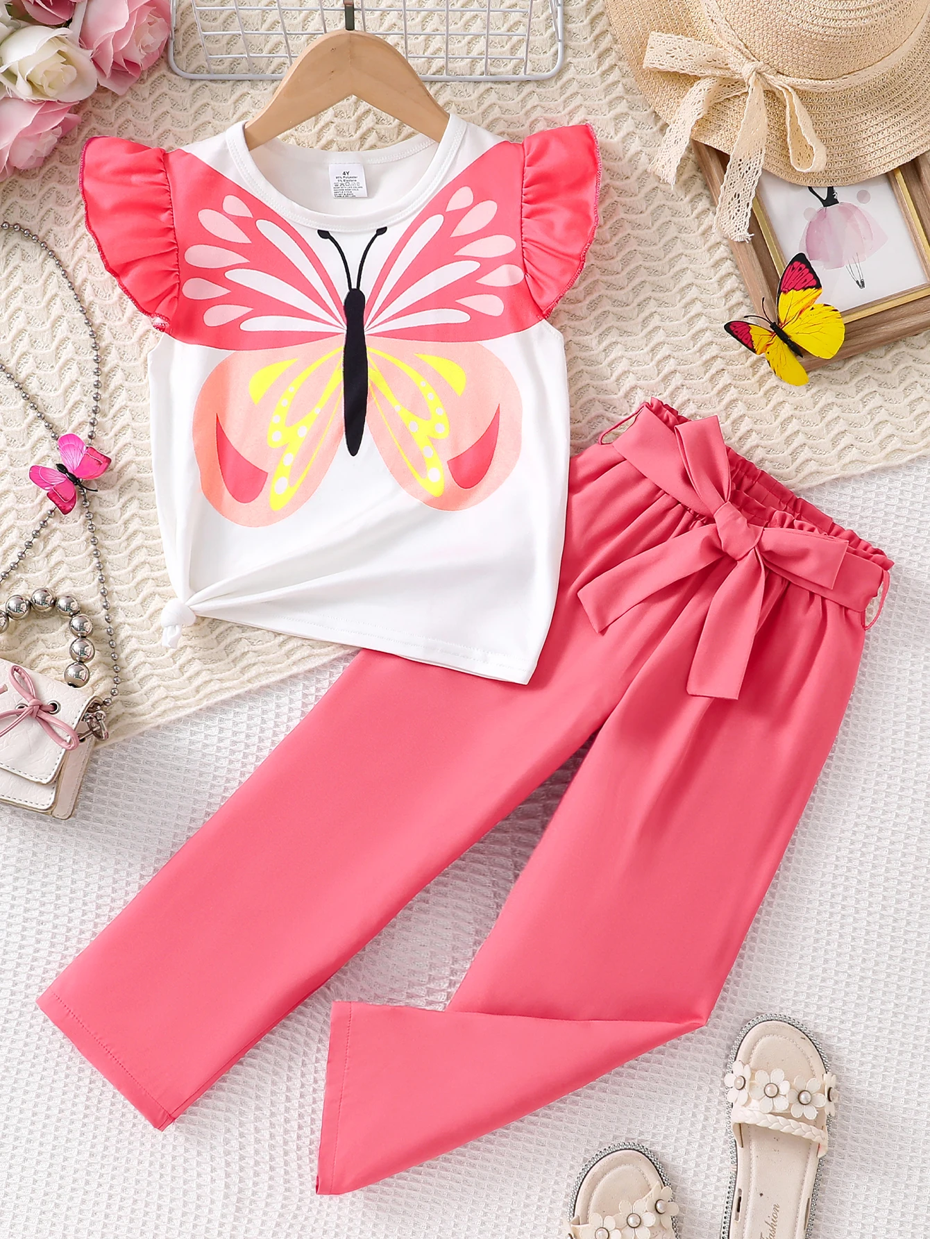 Lässiges Kinderset im neuen Sommerstil, atmungsaktives Mädchen-T-Shirt mit Schmetterlingsdruck und zweiteiliges Hosen-Set mit geradem Bein